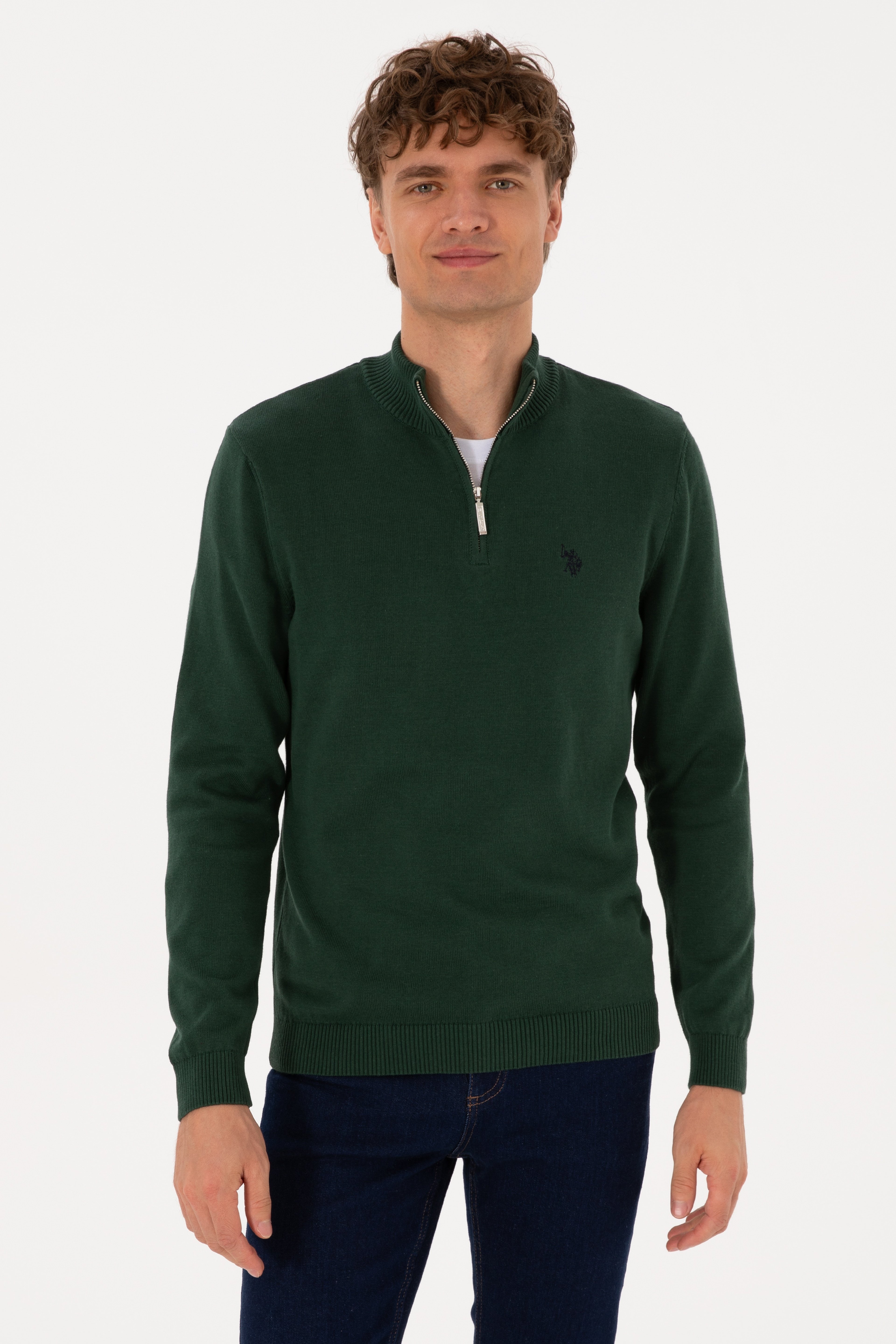 Erkek Slim Fit Yarım Fermuarlı Koyu Yeşil Basic Kazak - Image 1