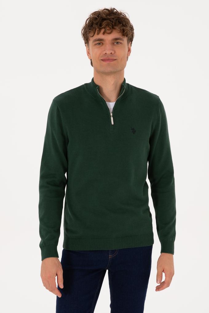 Erkek Slim Fit Yarım Fermuarlı Koyu Yeşil Basic Kazak