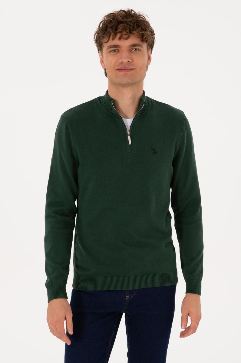 Erkek Slim Fit Yarım Fermuarlı Koyu Yeşil Basic Kazak