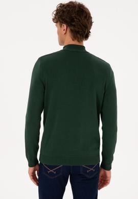 Erkek Slim Fit Yarım Fermuarlı Koyu Yeşil Basic Kazak - 50313695110