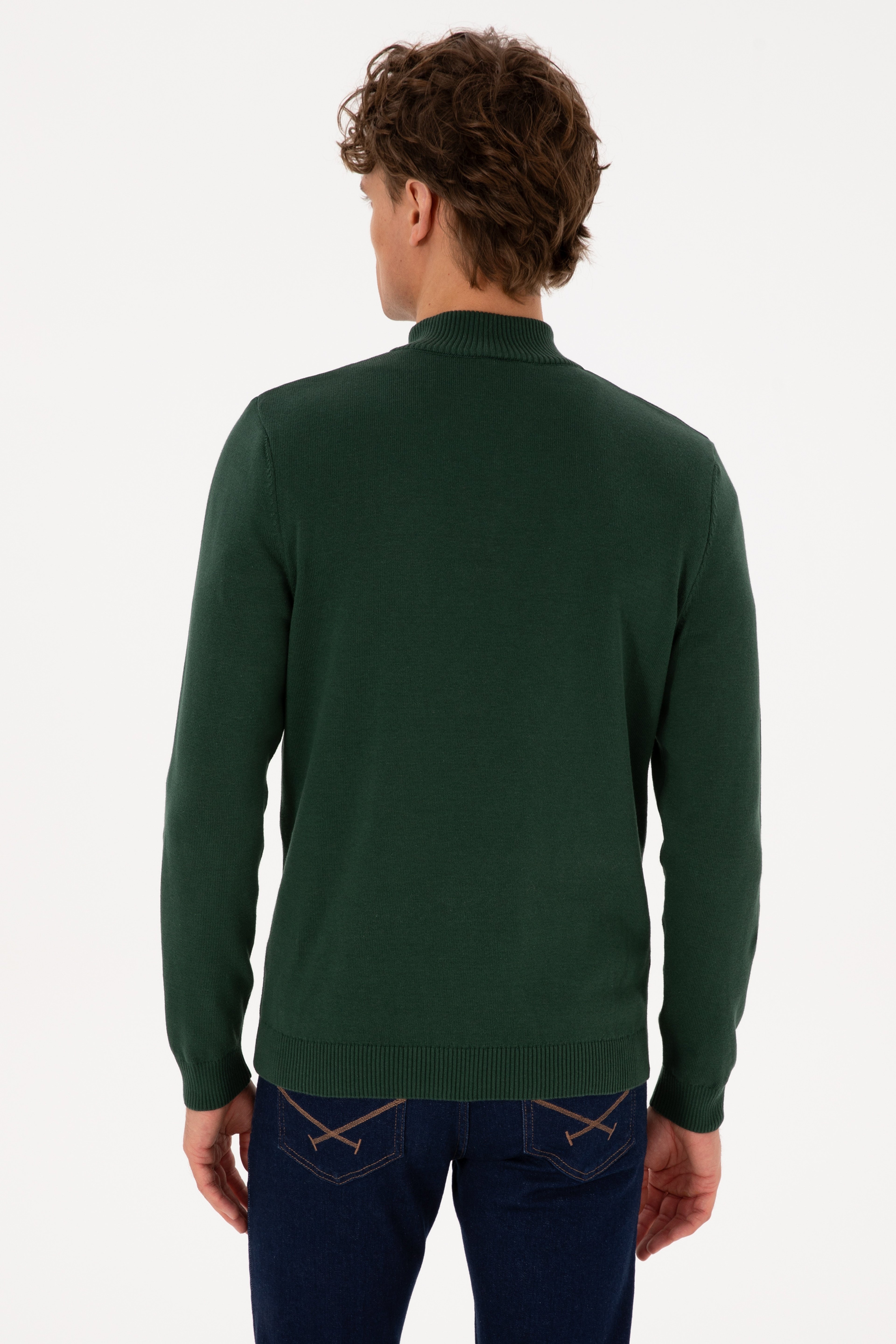 Erkek Slim Fit Yarım Fermuarlı Koyu Yeşil Basic Kazak - Image 5