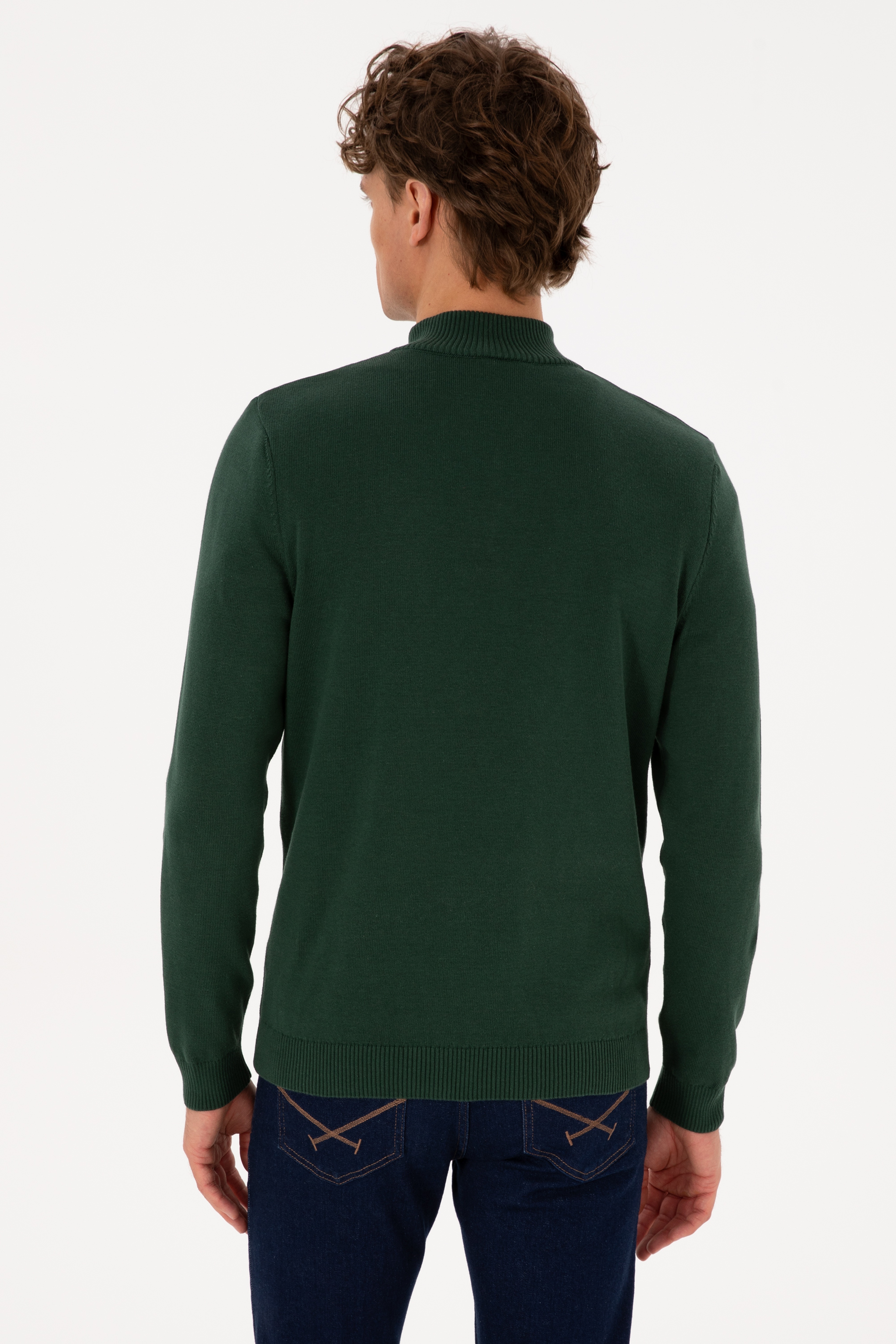 Erkek Slim Fit Yarım Fermuarlı Koyu Yeşil Basic Kazak