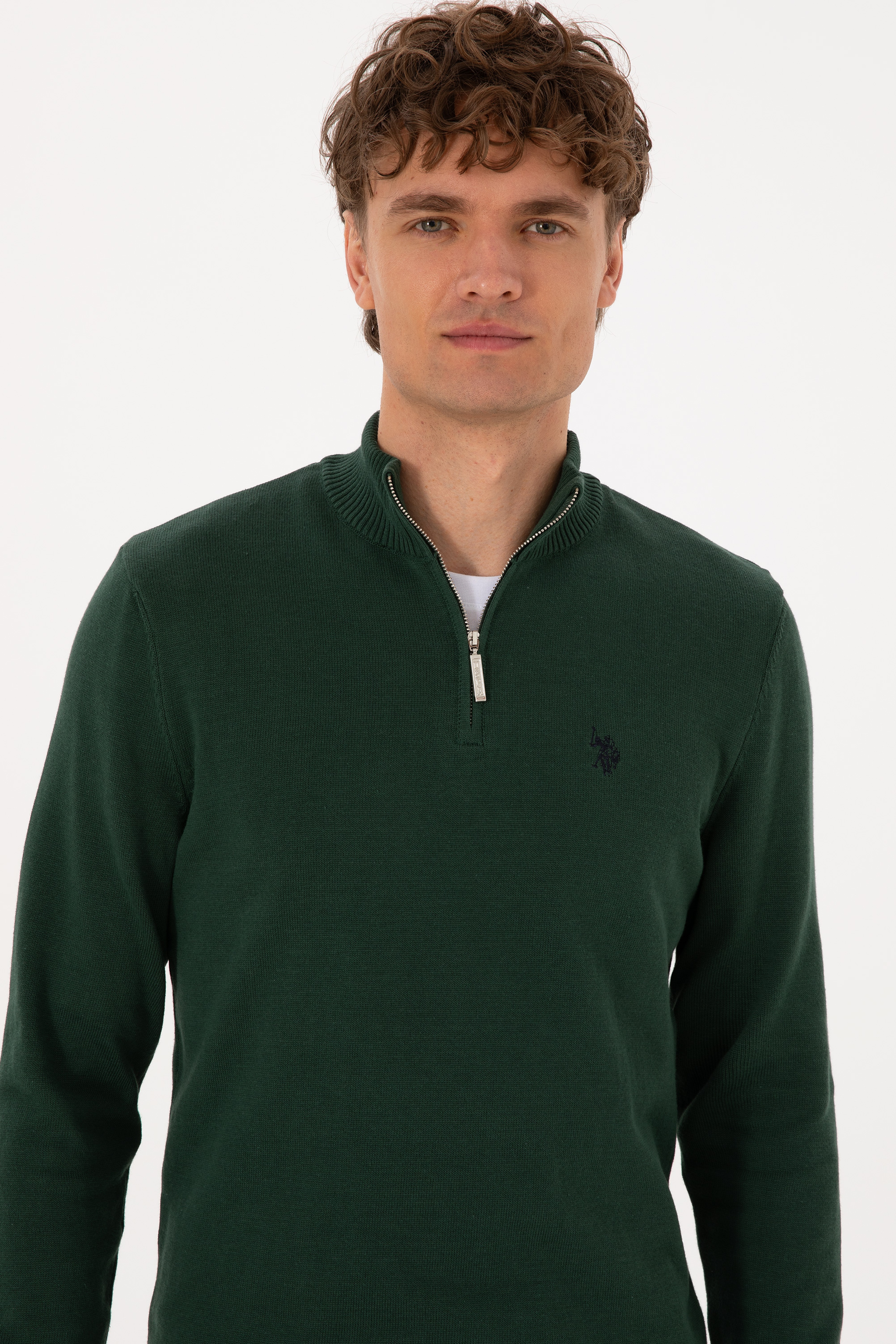 Erkek Slim Fit Yarım Fermuarlı Koyu Yeşil Basic Kazak - Image 2