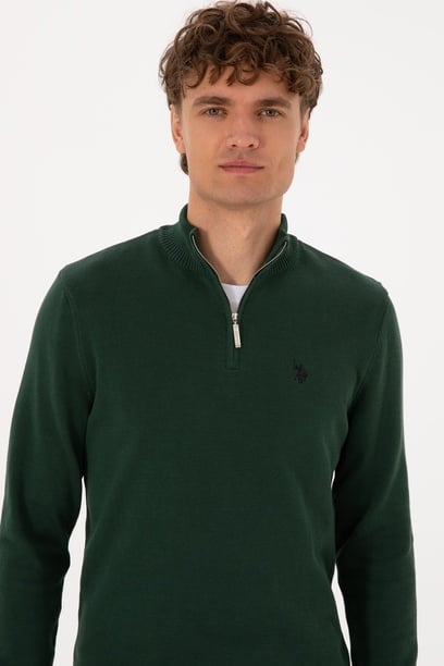 Erkek Slim Fit Yarım Fermuarlı Koyu Yeşil Basic Kazak
