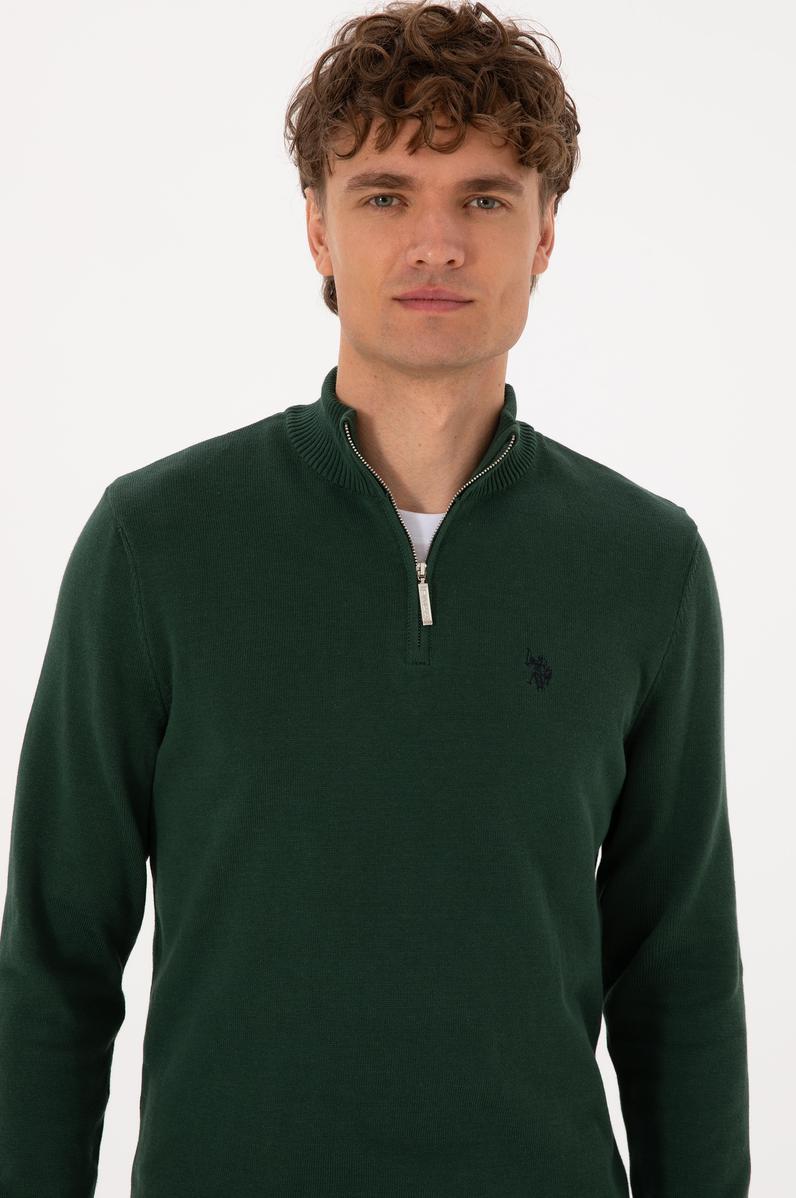 Erkek Slim Fit Yarım Fermuarlı Koyu Yeşil Basic Kazak