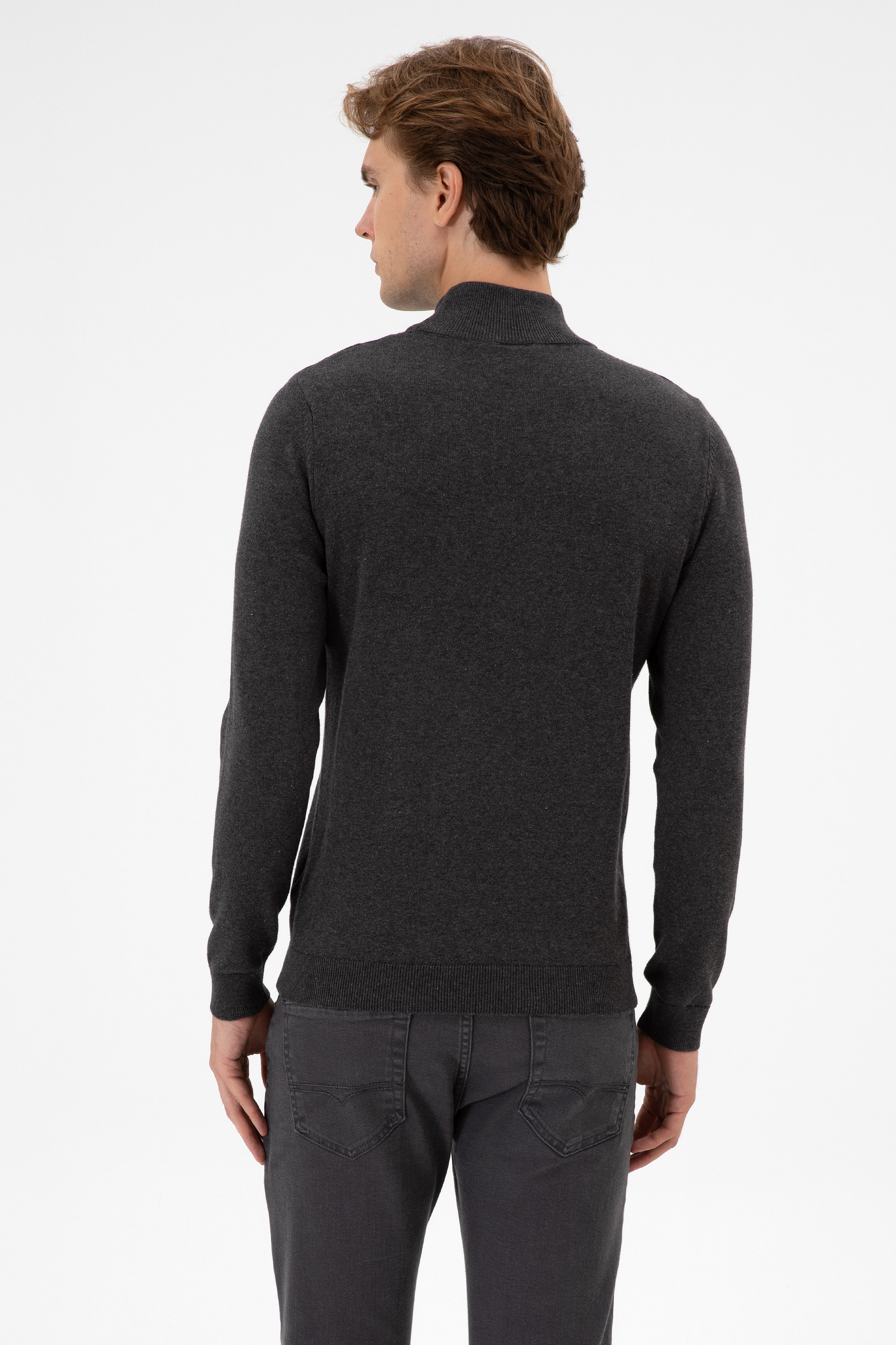 Erkek Slim Fit Boğazlı Antrasit Melanj Basic Kazak - Image 5
