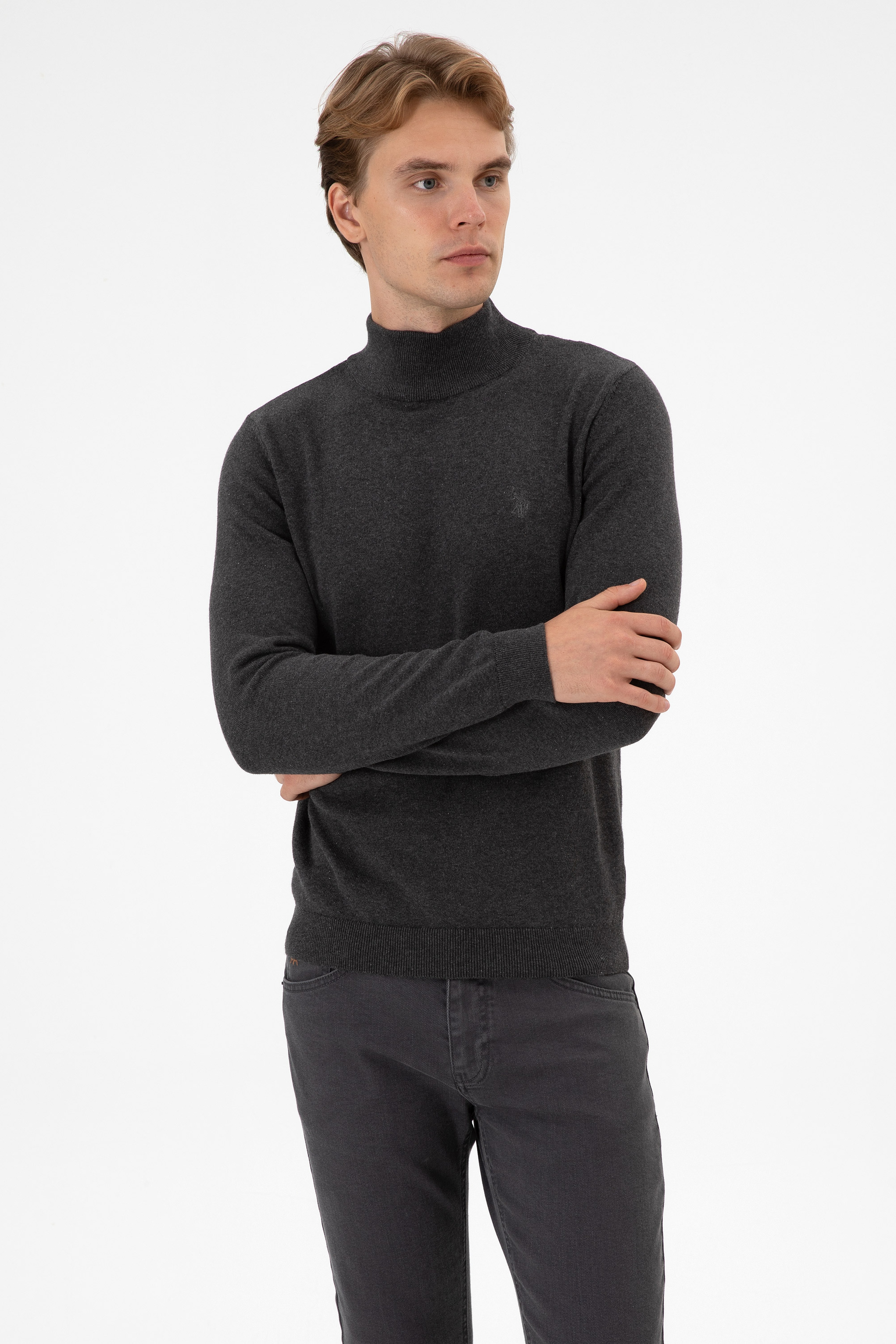 Erkek Slim Fit Boğazlı Antrasit Melanj Basic Kazak
