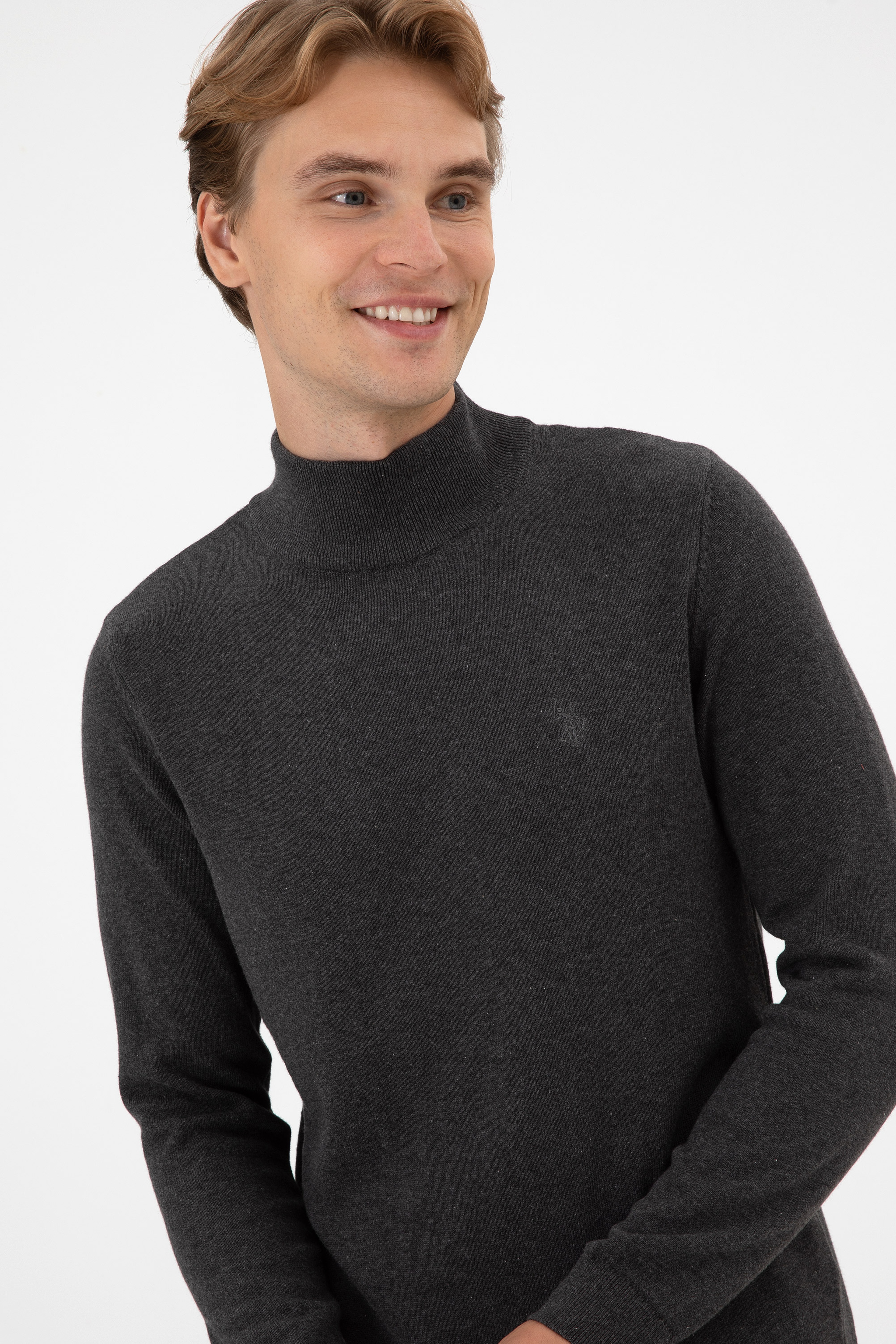 Erkek Slim Fit Boğazlı Antrasit Melanj Basic Kazak - Image 2