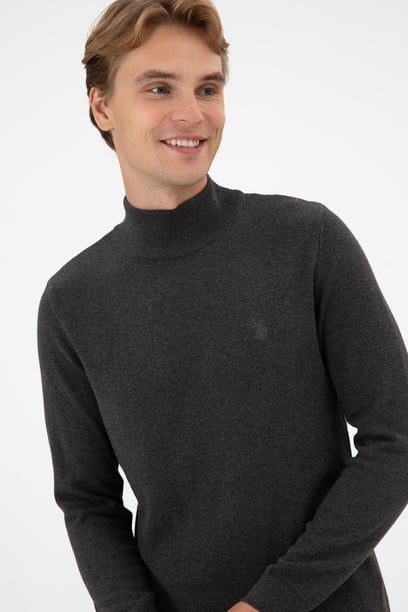 Erkek Slim Fit Boğazlı Antrasit Melanj Basic Kazak