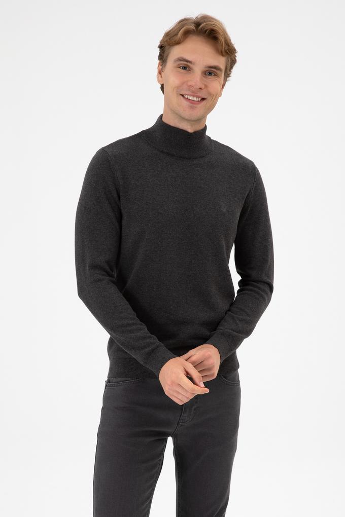 Erkek Slim Fit Boğazlı Antrasit Melanj Basic Kazak