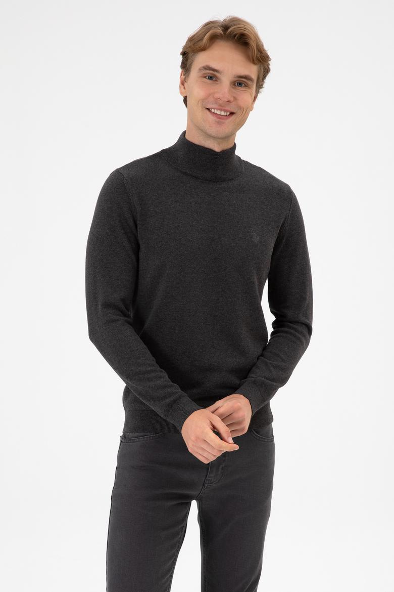 Erkek Slim Fit Boğazlı Antrasit Melanj Basic Kazak