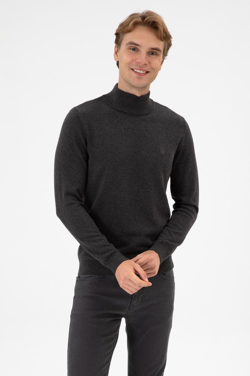 Erkek Slim Fit Boğazlı Antrasit Melanj Basic Kazak