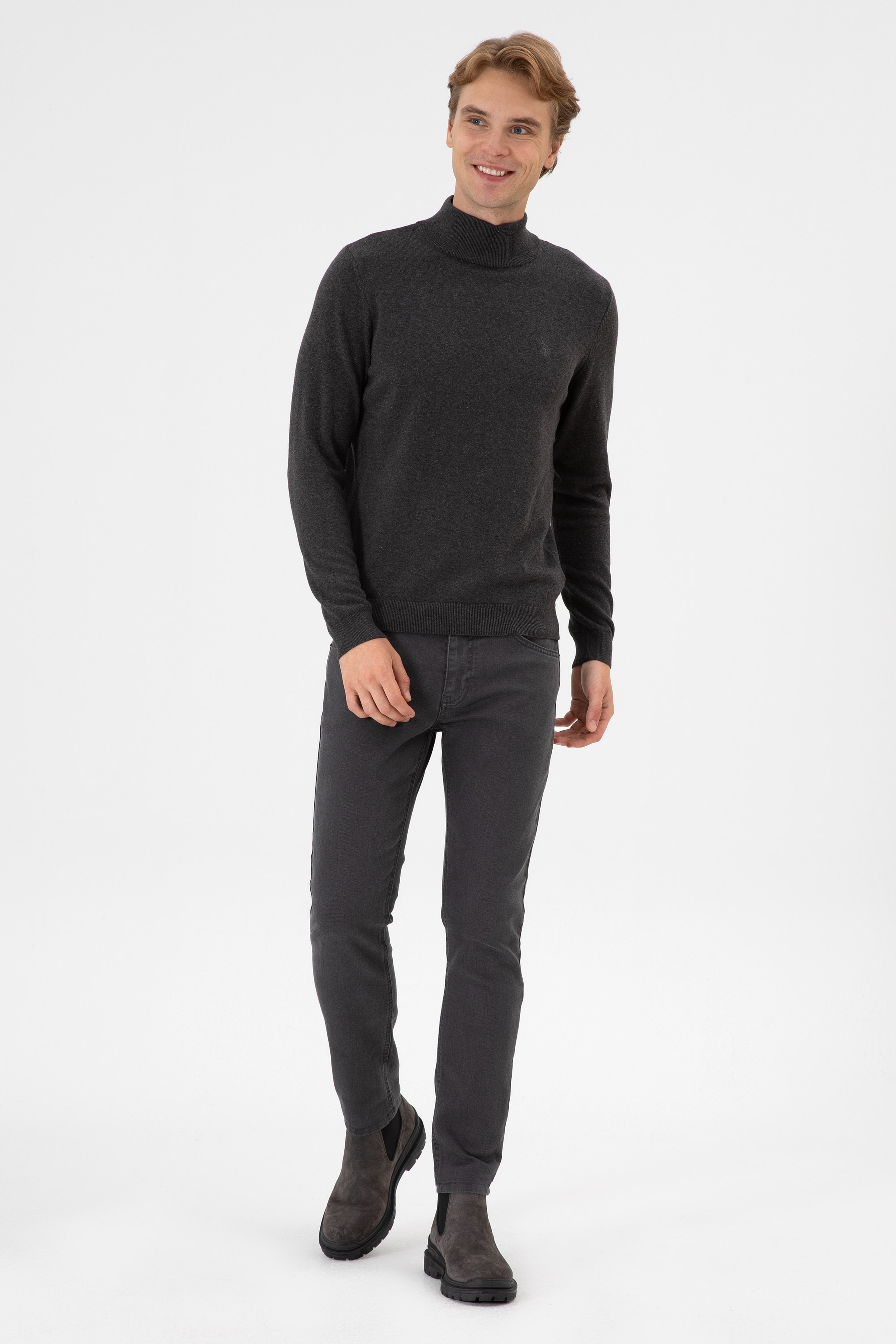 Erkek Slim Fit Boğazlı Antrasit Melanj Basic Kazak - Image 4