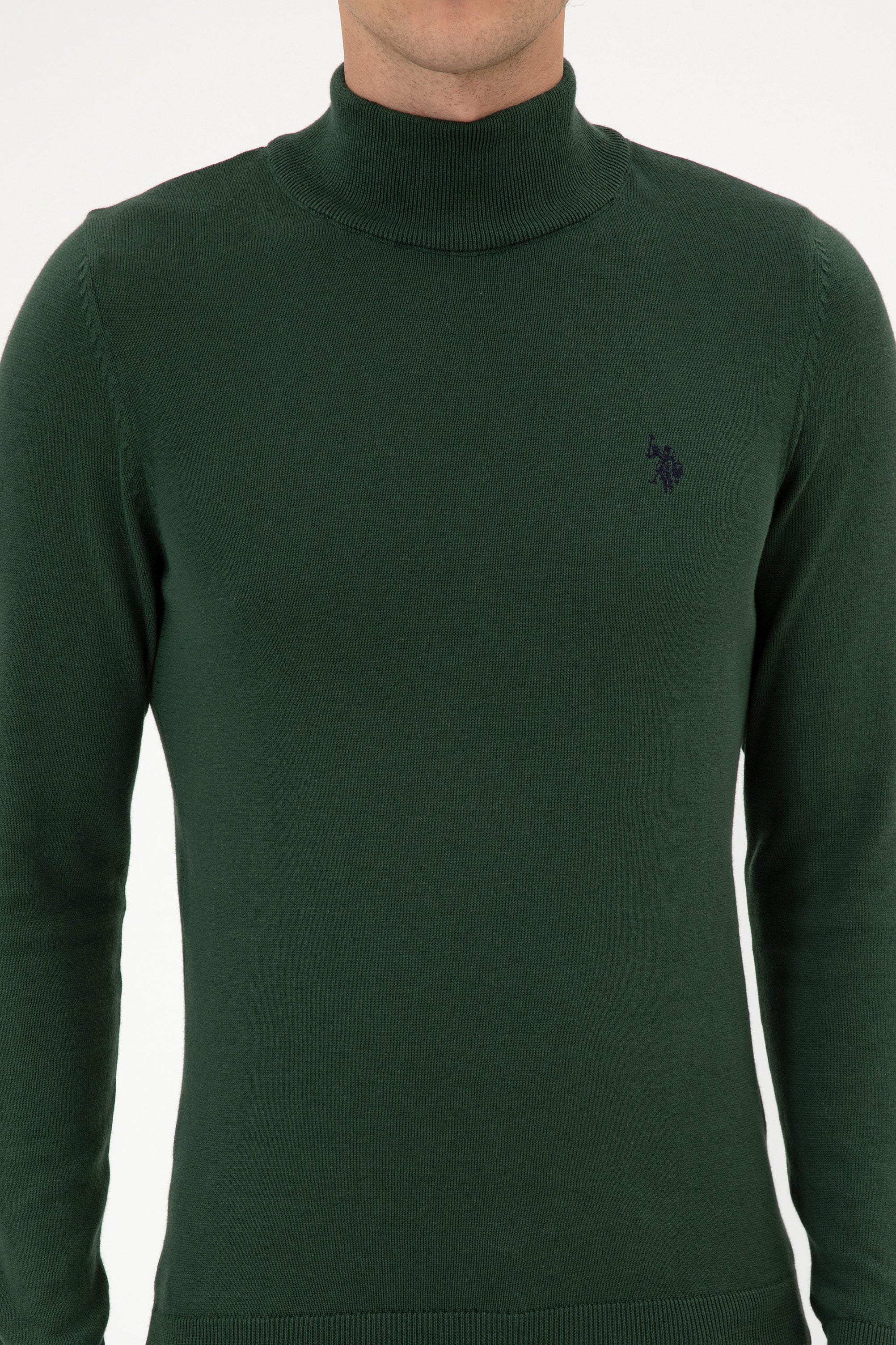 Erkek Slim Fit Boğazlı Koyu Yeşil Basic Kazak
