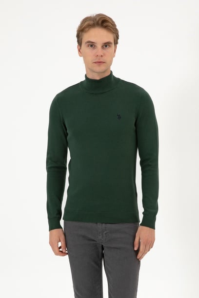 Erkek Slim Fit Boğazlı Koyu Yeşil Basic Kazak