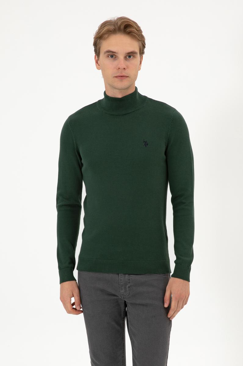 Erkek Slim Fit Boğazlı Koyu Yeşil Basic Kazak