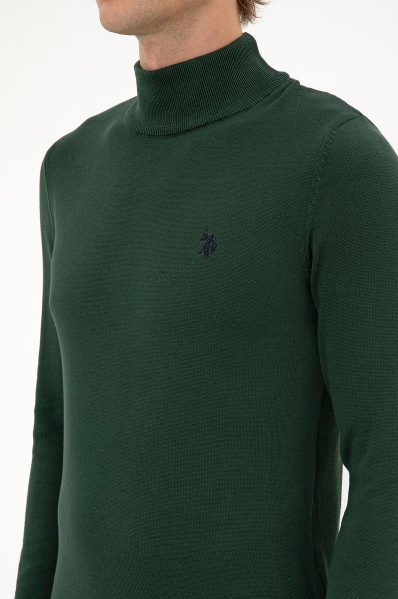 Erkek Slim Fit Boğazlı Koyu Yeşil Basic Kazak