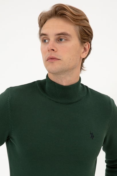 Erkek Slim Fit Boğazlı Koyu Yeşil Basic Kazak
