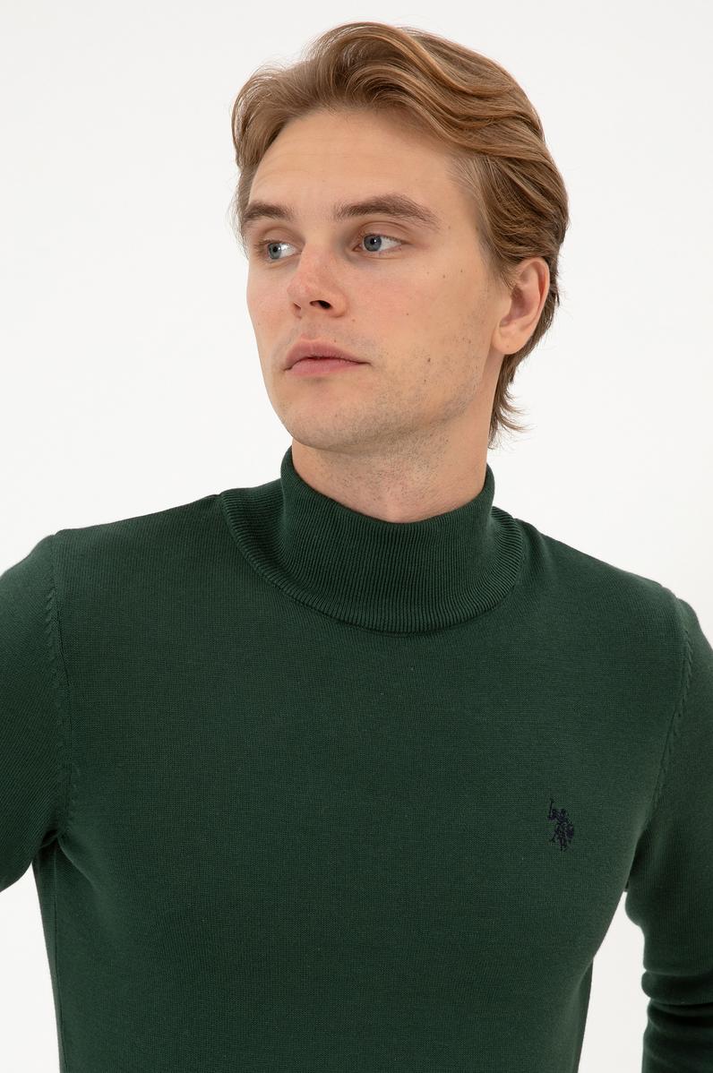 Erkek Slim Fit Boğazlı Koyu Yeşil Basic Kazak