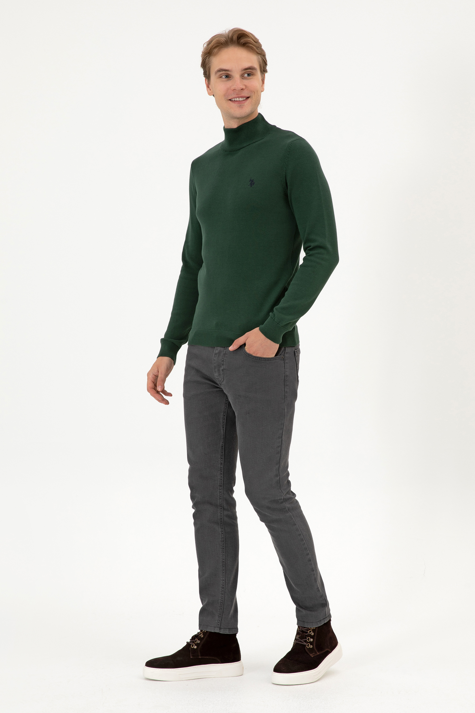 Erkek Slim Fit Boğazlı Koyu Yeşil Basic Kazak - Image 4