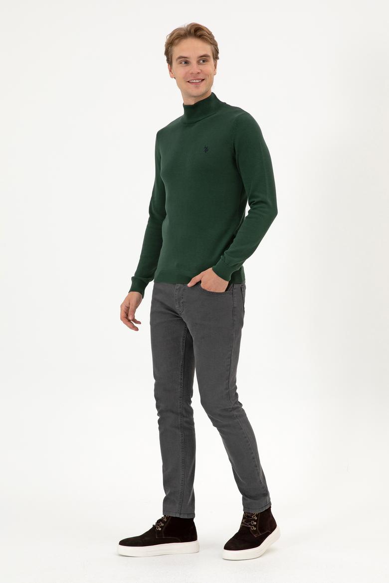Erkek Slim Fit Boğazlı Koyu Yeşil Basic Kazak - 50313712026
