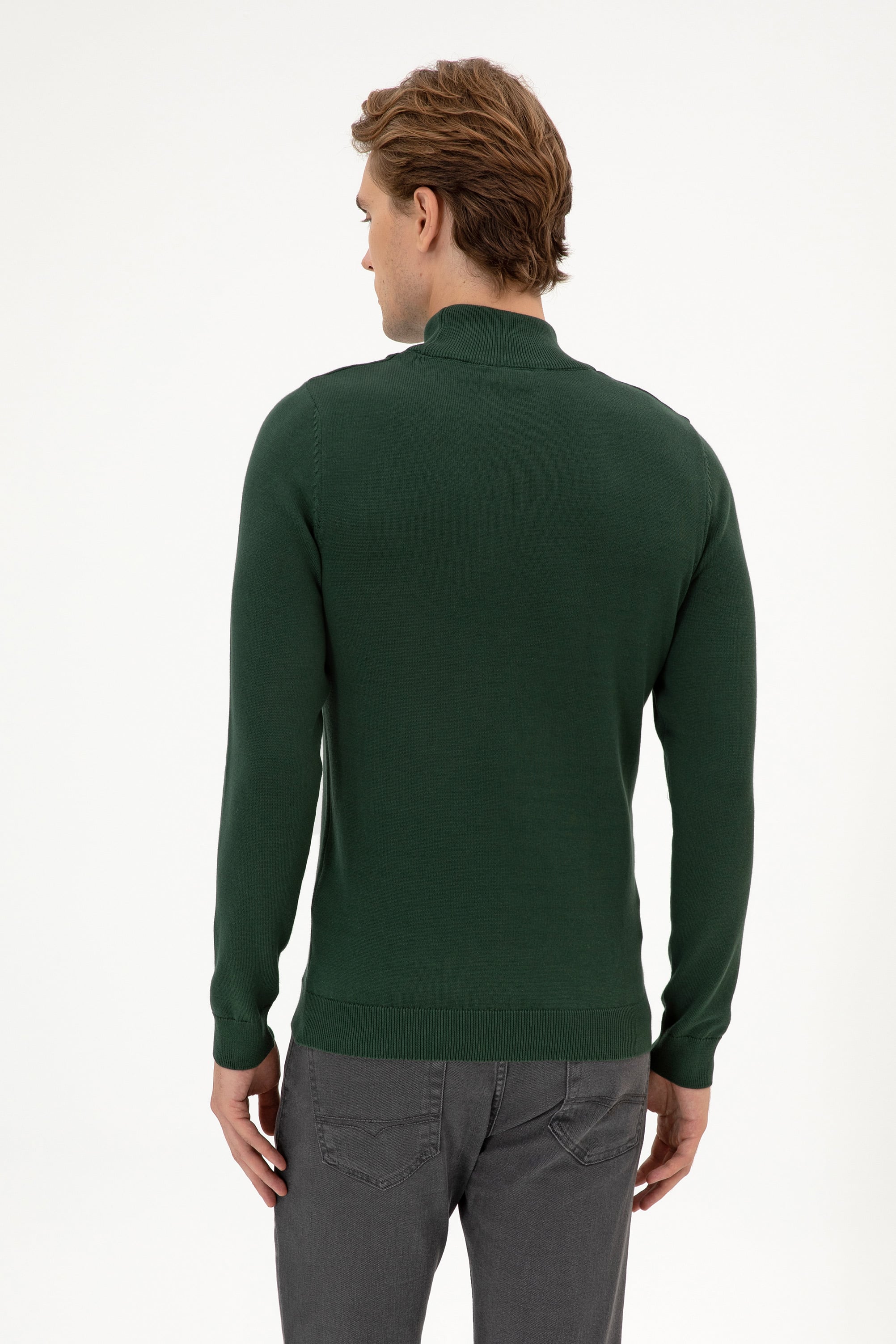 Erkek Slim Fit Boğazlı Koyu Yeşil Basic Kazak