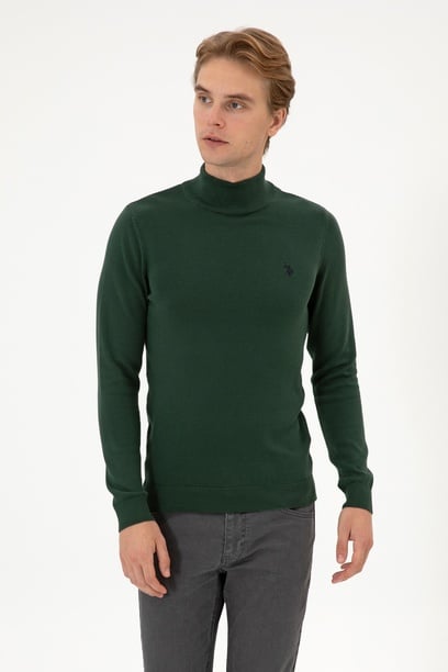 Erkek Slim Fit Boğazlı Koyu Yeşil Basic Kazak
