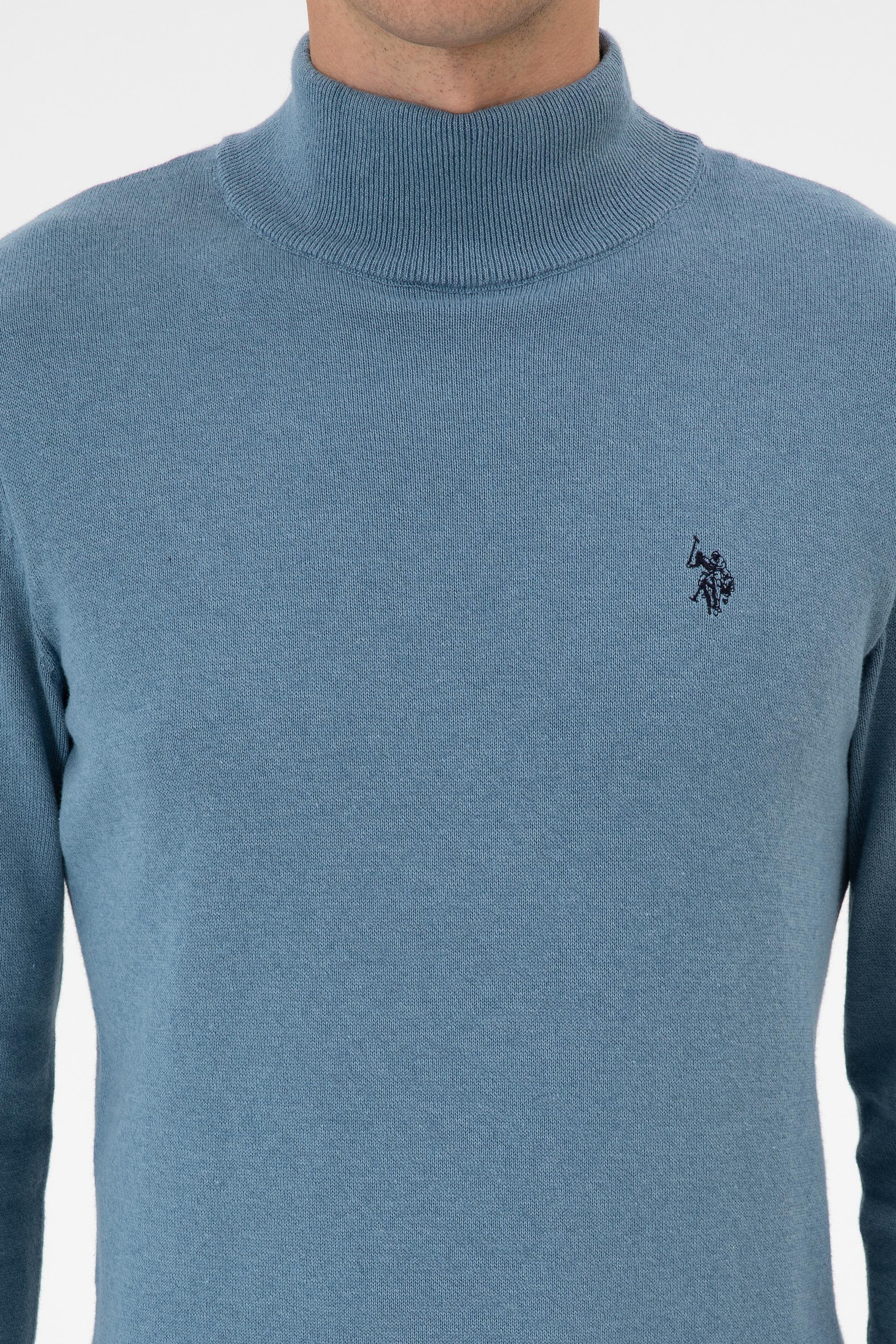 Erkek Slim Fit Boğazlı Mavi Basic Kazak - Image 6