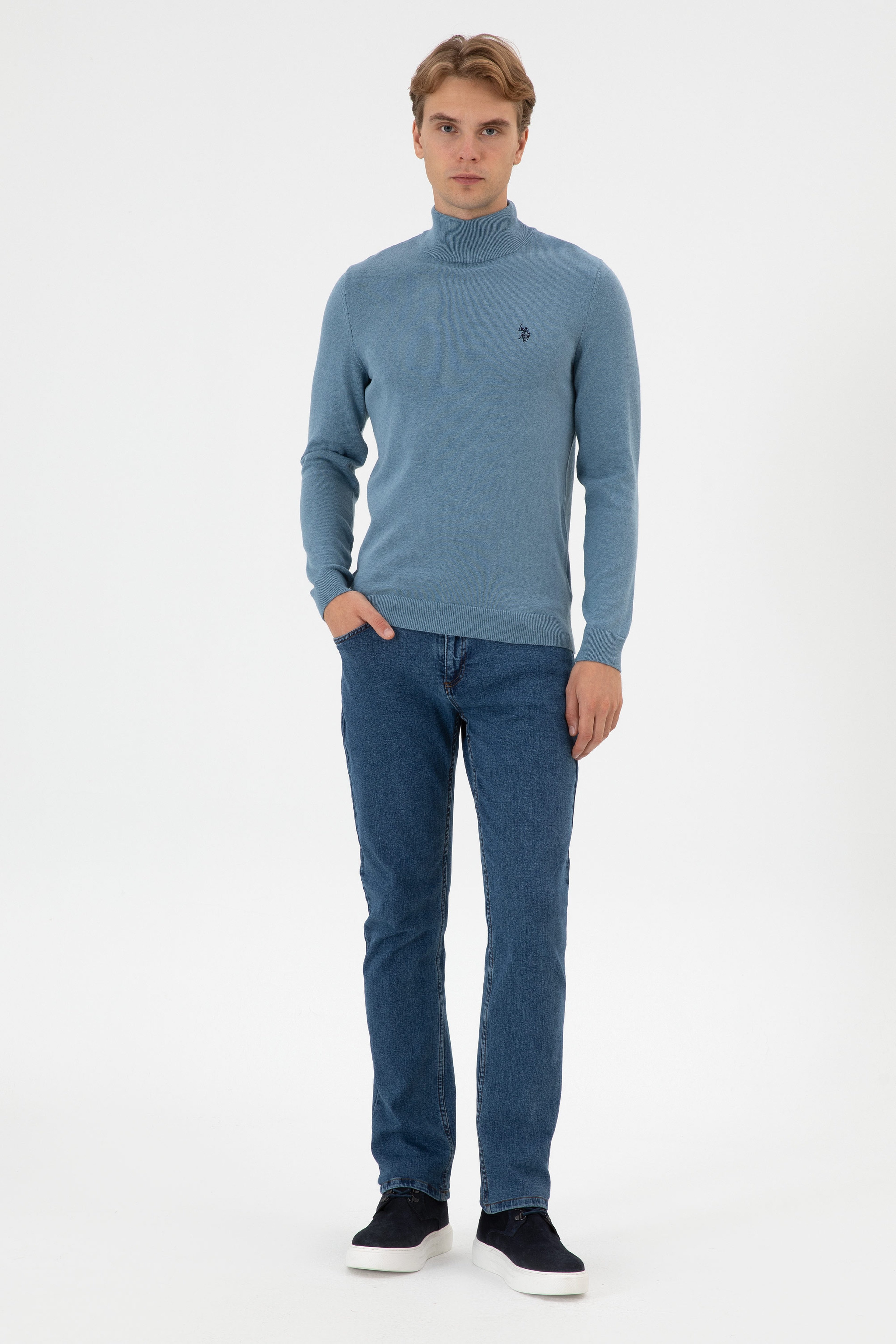 Erkek Slim Fit Boğazlı Mavi Basic Kazak - Image 4