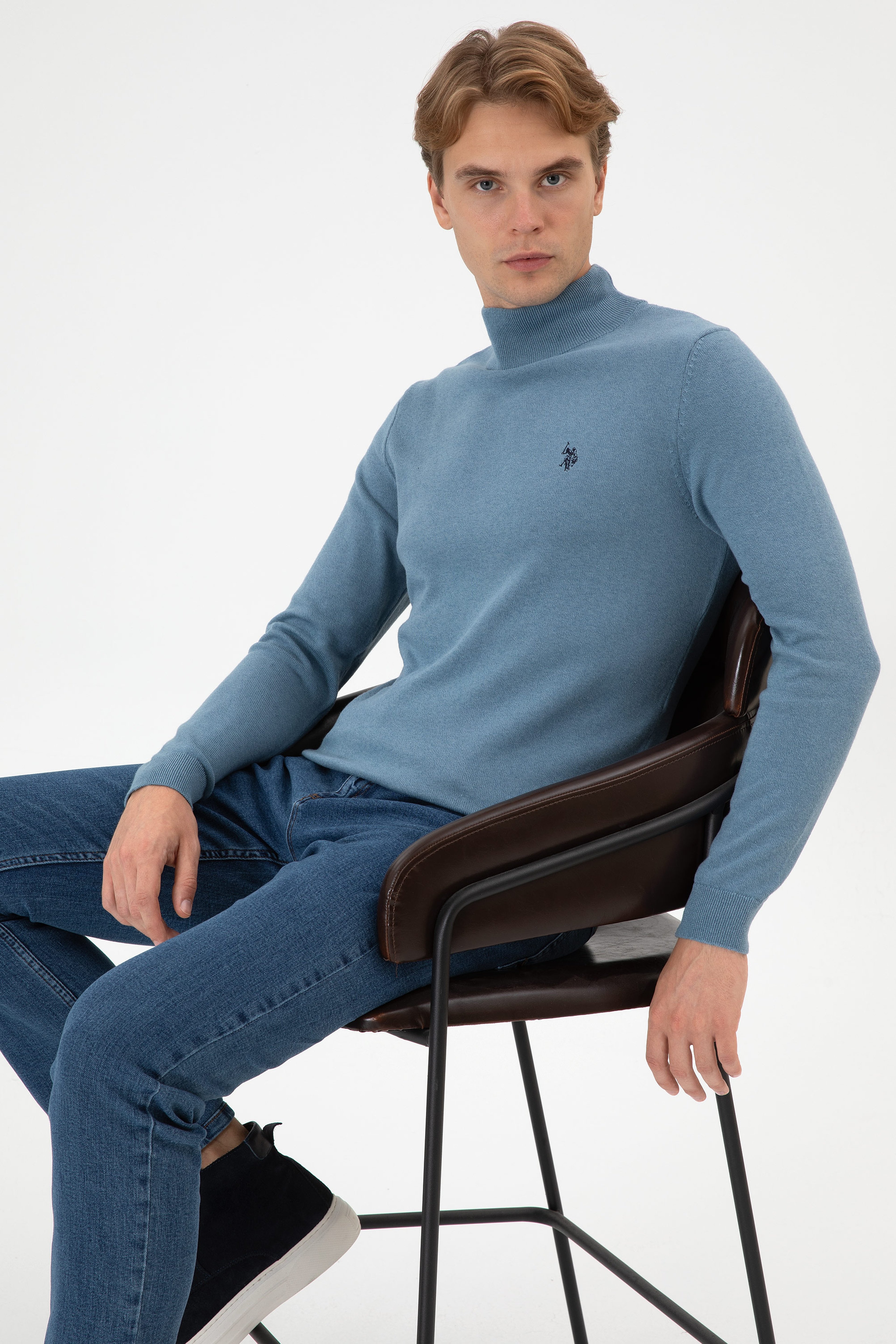 Erkek Slim Fit Boğazlı Mavi Basic Kazak