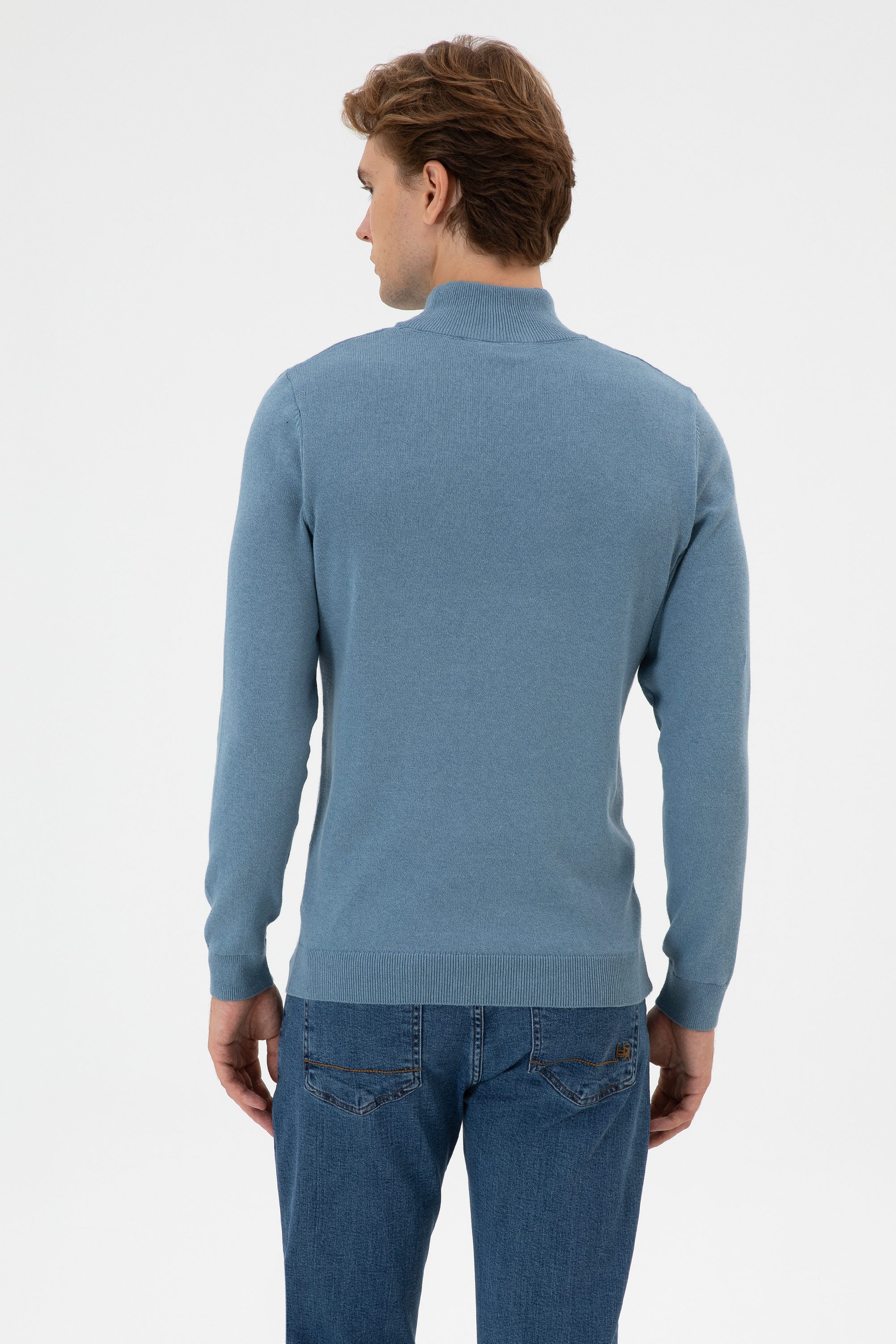 Erkek Slim Fit Boğazlı Mavi Basic Kazak
