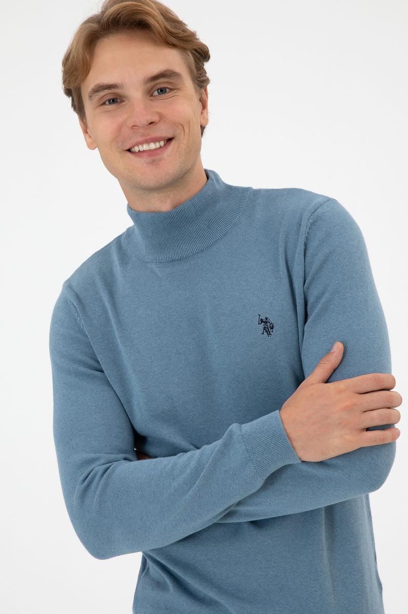 Erkek Slim Fit Boğazlı Mavi Basic Kazak