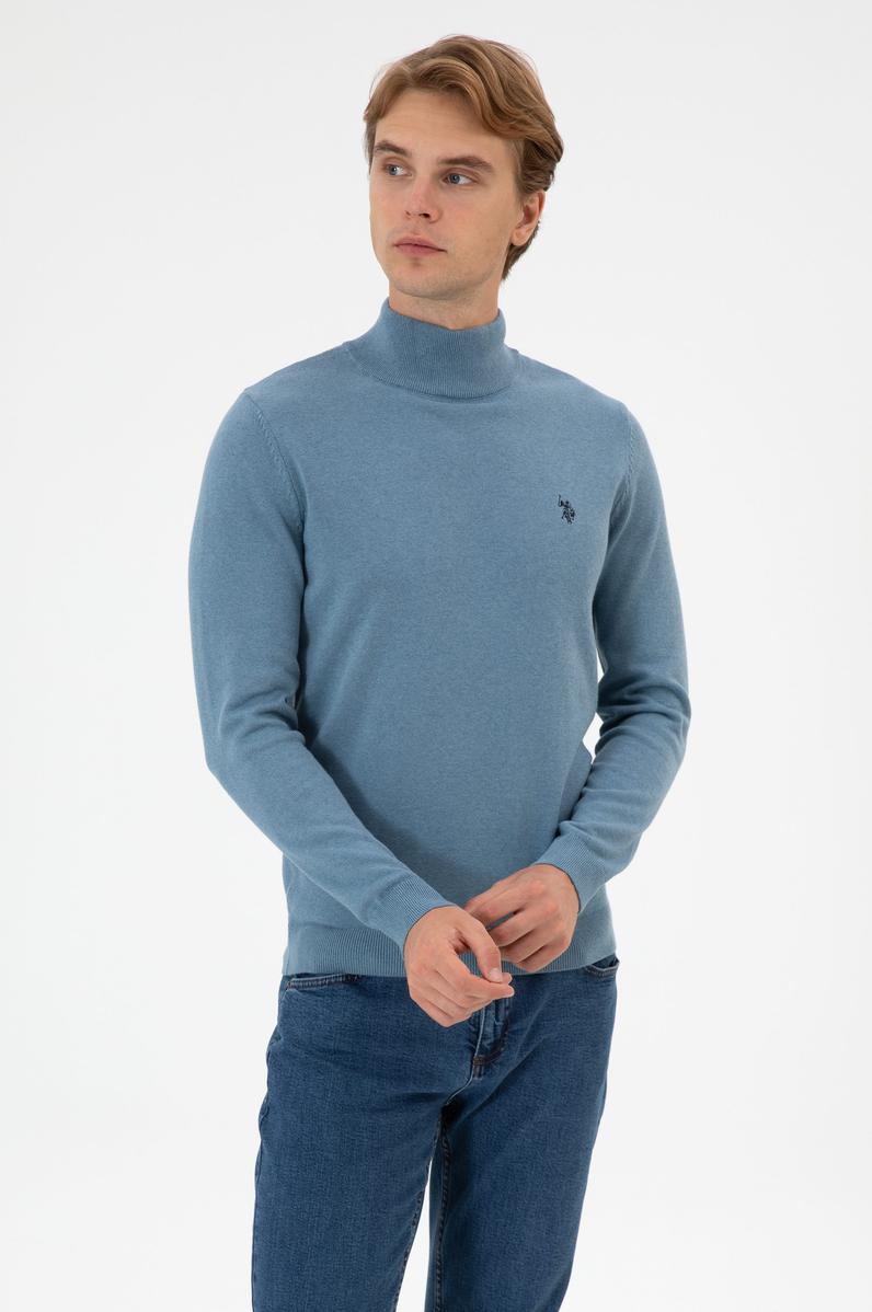 Erkek Slim Fit Boğazlı Mavi Basic Kazak