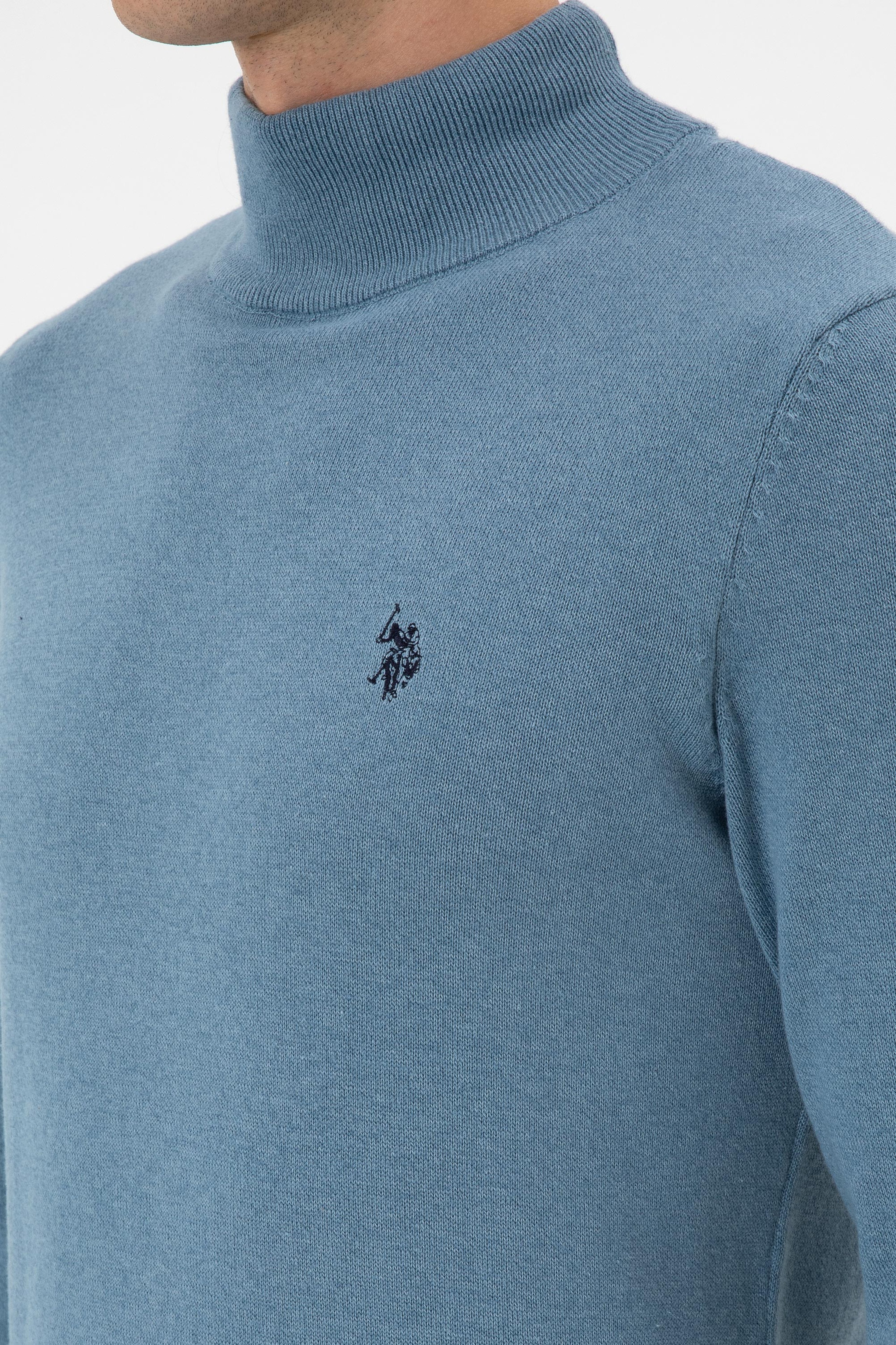 Erkek Slim Fit Boğazlı Mavi Basic Kazak - Image 7