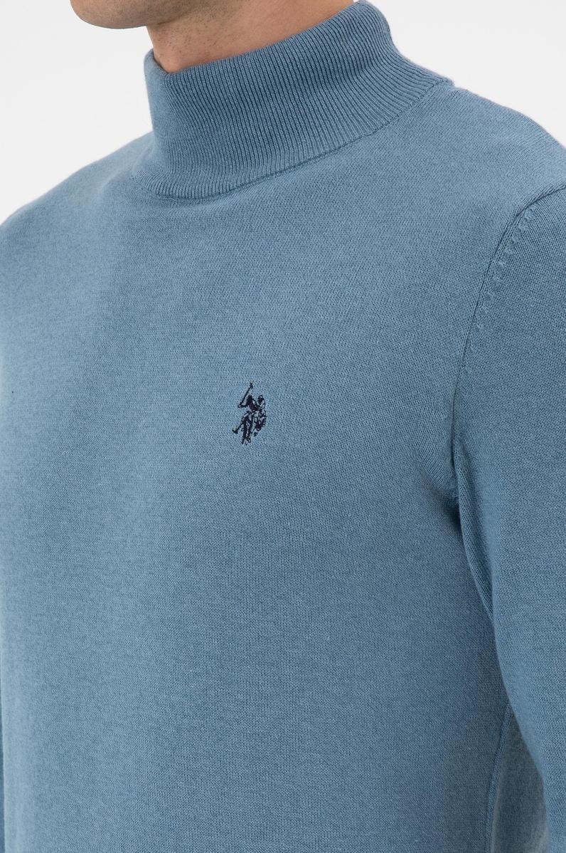 Erkek Slim Fit Boğazlı Mavi Basic Kazak