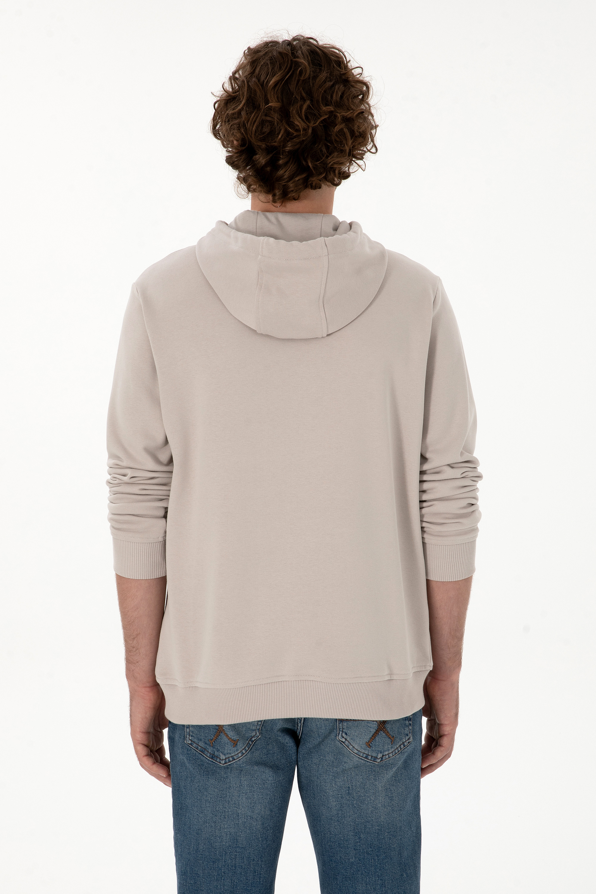Erkek Regular Fit Kapüşonlu Taş Sweatshirt - Image 5