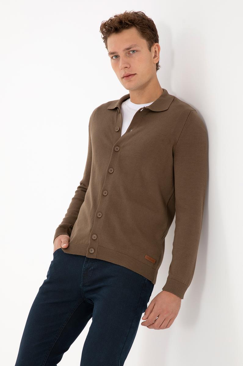 Erkek Açık Haki Basic Triko Hırka