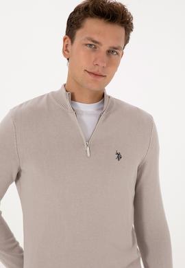 Erkek Slim Fit Yarım Fermuarlı Taş Basic Kazak - 50313695047