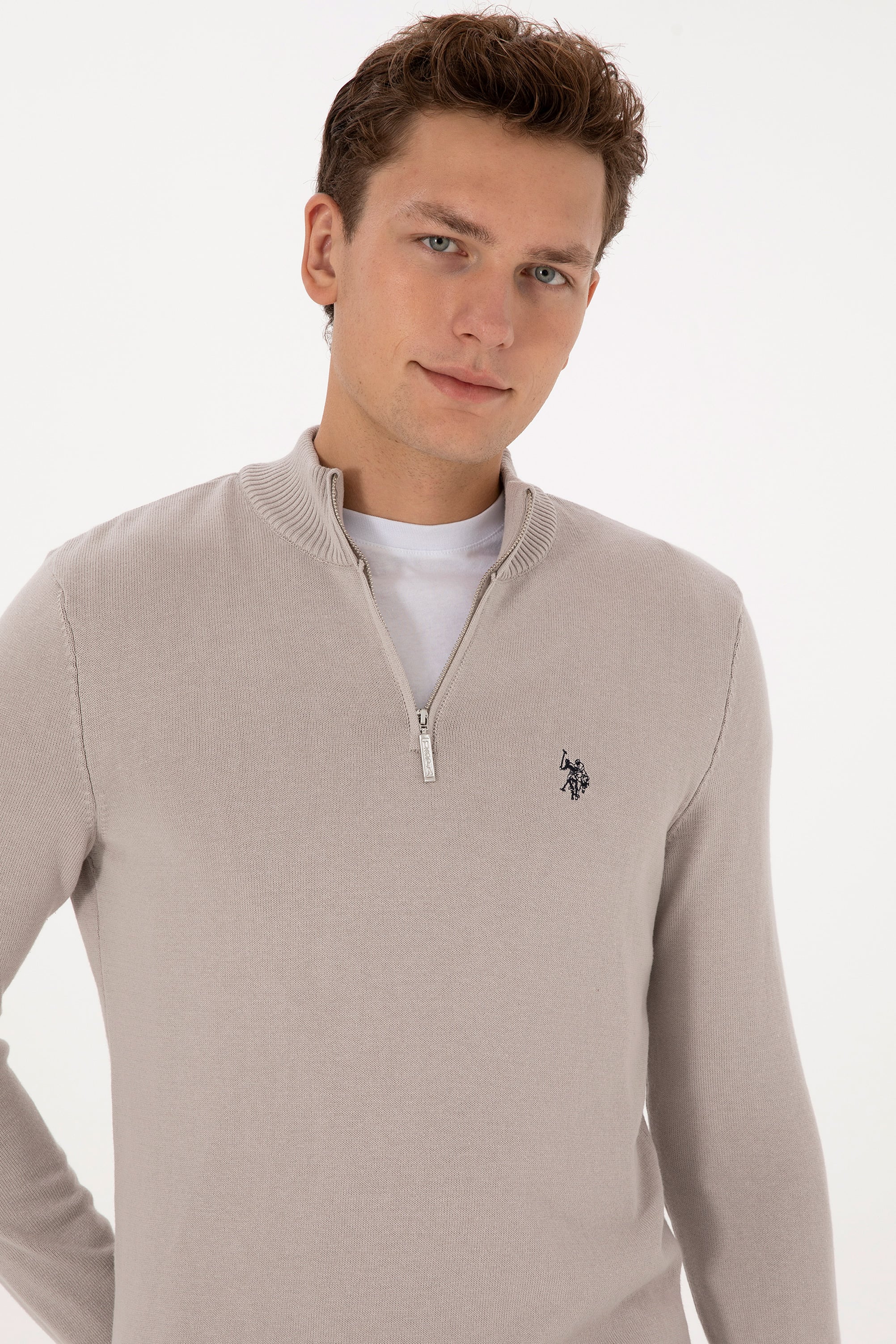 Erkek Slim Fit Yarım Fermuarlı Taş Basic Kazak - Image 2