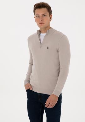 Erkek Slim Fit Yarım Fermuarlı Taş Basic Kazak - 50313695047