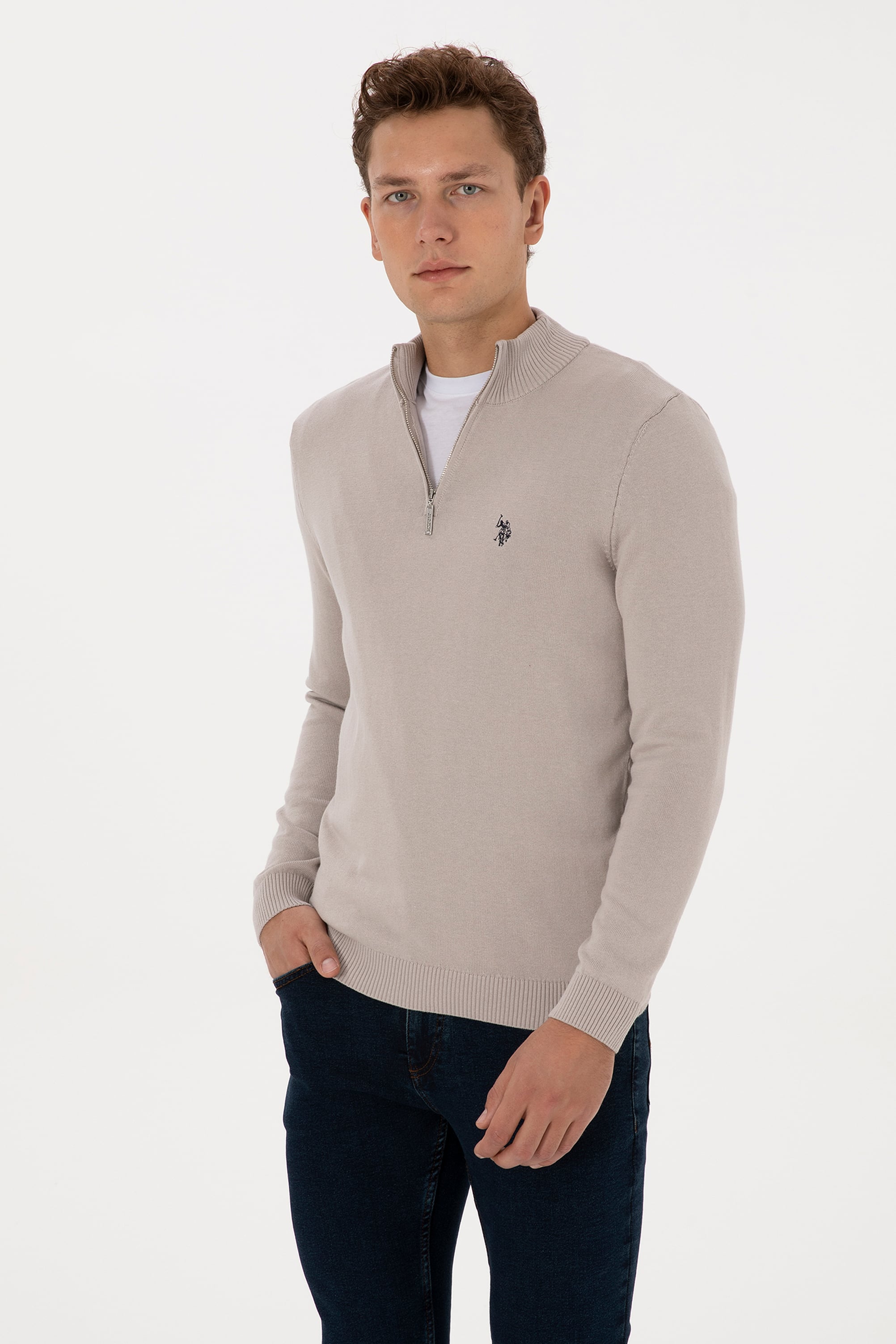 Erkek Slim Fit Yarım Fermuarlı Taş Basic Kazak - Image 3