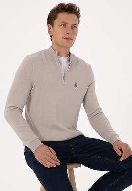 Erkek Slim Fit Yarım Fermuarlı Taş Basic Kazak - 50313695047