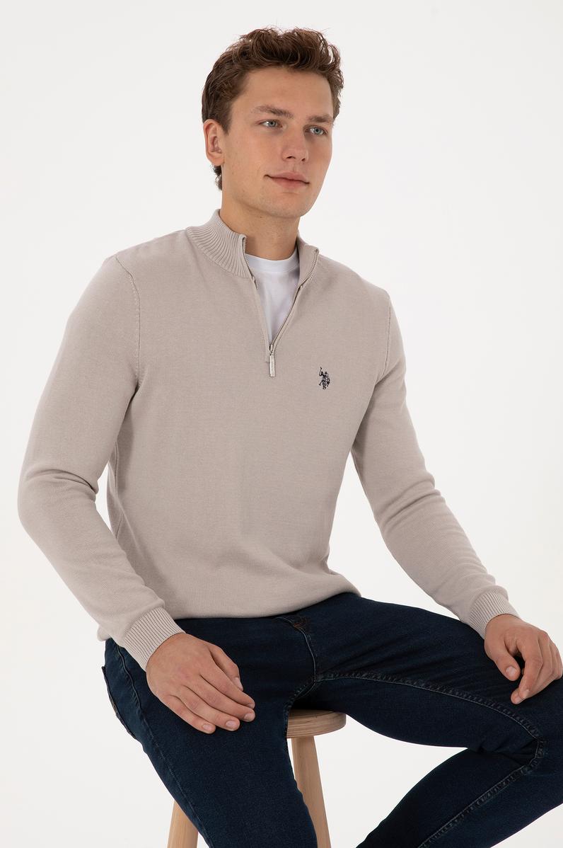 Erkek Slim Fit Yarım Fermuarlı Taş Basic Kazak