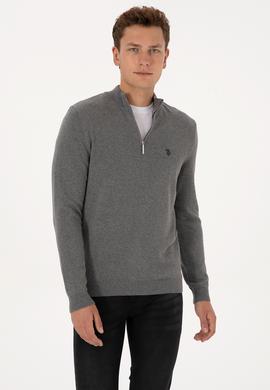 Erkek Slim Fit Yarım Fermuarlı Gri Melanj Basic Kazak - 50313695101