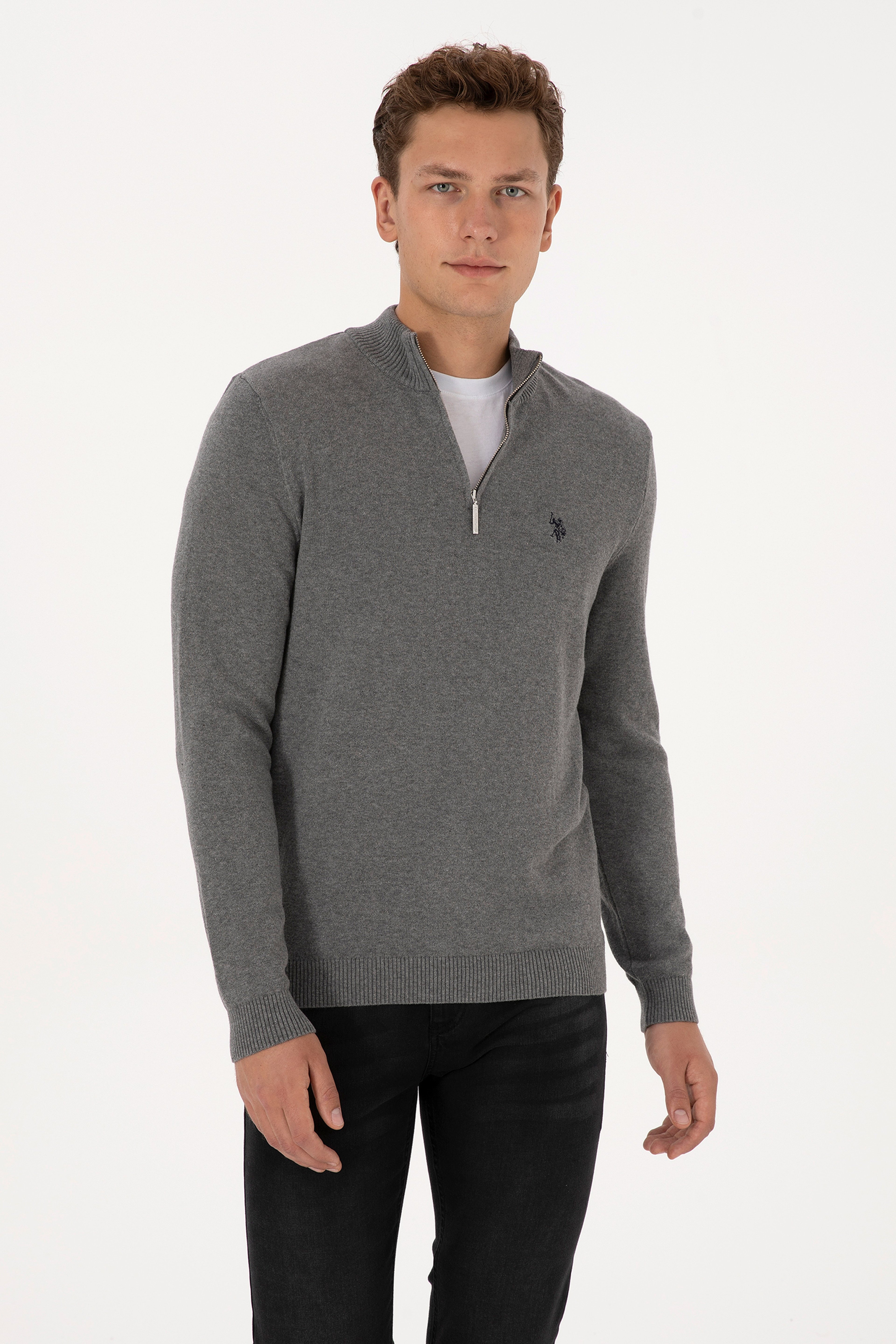 Erkek Slim Fit Yarım Fermuarlı Gri Melanj Basic Kazak - Image 1