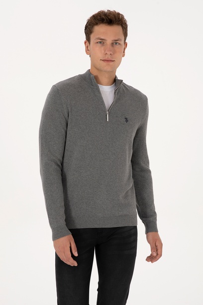Erkek Slim Fit Yarım Fermuarlı Gri Melanj Basic Kazak