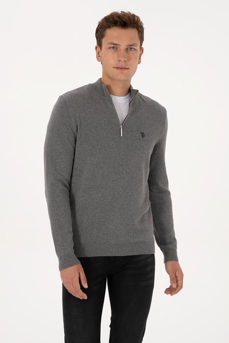 Erkek Slim Fit Yarım Fermuarlı Gri Melanj Basic Kazak