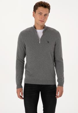 Erkek Slim Fit Yarım Fermuarlı Gri Melanj Basic Kazak - 50313695101