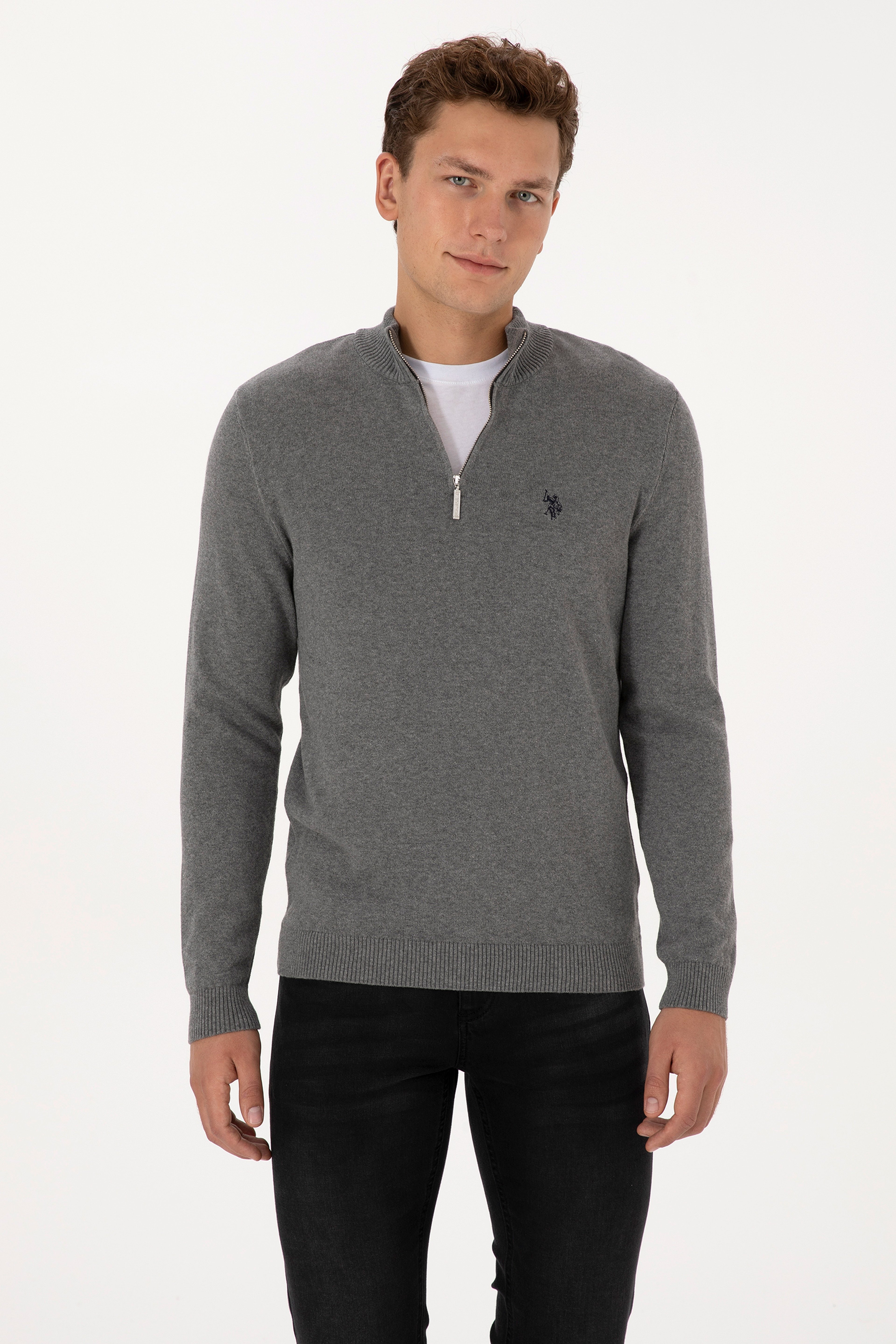 Erkek Slim Fit Yarım Fermuarlı Gri Melanj Basic Kazak