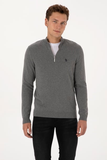 Erkek Slim Fit Yarım Fermuarlı Gri Melanj Basic Kazak